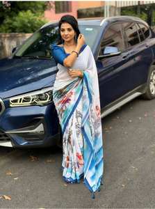 Tela Georgette suave de primera calidad con efecto de humo adicional e impresión digital Allover Saree adjunto con blusa perfectamente combinada - Product Image 4