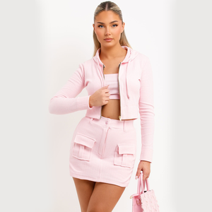 Moda elegante moda Color Rosa algodón poliéster sólido liso cremallera Crop Hoodie mujer Material personalizado cremallera Crop Hoodie - Product Image 1
