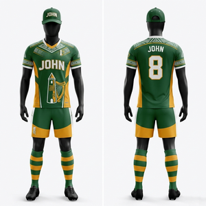 Uniforme de football gaélique pour hommes en maille polyester respirante de haute qualité 180 GSM, vert, or, blanc, avec panneau latéral et logo personnalisé par sublimation. - Product Image 4