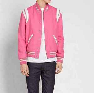 Veste universitaire à logo personnalisé, manches en cuir, broderie, couleur rose, veste pour homme de baseball universitaire, veste Varisty de Letterman - Product Image 1