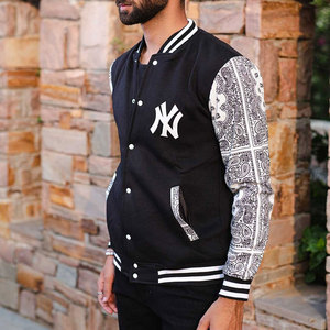 Chaqueta Varsity negra para hombre con mangas con estampado de Paisley Elegante NY Logo Baseball Bomber Casual Streetwear Prendas de abrigo - Product Image 4
