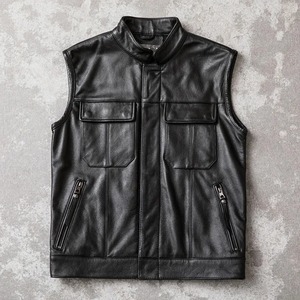 Custom Winter Cowhide Vest for Motorcyclist Bikers 100% Genuine <b>Cow</b> Leather Stand Collar Sleeveless Waistcoat Canvas <b>Fabric</b> - Product Image 3