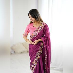 Sari Indio Elegante para Fiesta, Listo para Usar, con Trabajo de Zari Pesado, Seda Nupcial, el Más Vendido al por Mayor - Product Image 4