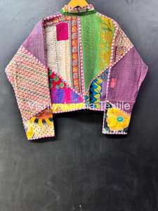 Vintage Kantha <b>Quilted</b> Jacket Women Handmade Reversible Cotton Short Autumn Winter Finished Coat - Product Image 6