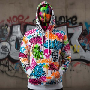 Sweat-shirt à capuche en molleton pour femme, motif artistique abstrait coloré, peinture chaotique, éclaboussures d'encre, graphique, néon, décontracté, coupe ample, devant - Product Image 6