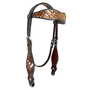 Western Brown cuir cheval Headstall poitrine collier rênes Tack Set cuir Floral usiné à la main avec incrustation blanche - Product Image 1