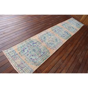 Alfombra Turca Vintage de 2.3x11.8 pies, Alfombra Azul Abstracta de Lana - Product Image 2