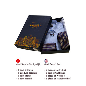 Blue Slim Fit Shirt with Brown Tie & <b>Pocket</b> <b>Square</b> 4-Piece Formal Gift Set in Box Double Cuff with Cufflinks - Product Image 5