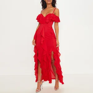 wholesale high quality summer red cold shoulder ruffle detail maxi cotton elegant night bodycon dress