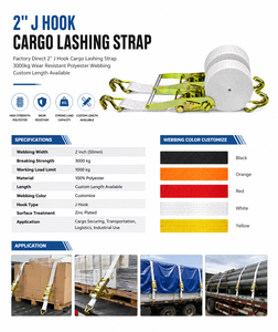 Correa de Amarre de Carga con Gancho en J de 2 Pulgadas, Directo de Fábrica, 3000 kg, Cinta de Poliéster Resistente al Desgaste, Longitud Personalizable Disponible - Product Image 3