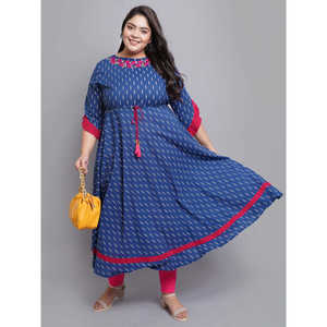 Cambric algodón Anarkali Kurta vestido bordado Ikat estampado Casual vestidos azules - Product Image 5