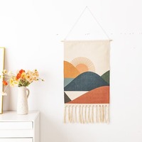 Tapiz de Pared de Macramé Hecho a Mano con Tela de Algodón y Varilla de Madera, Patrón Geométrico Simple, Tejido Moderno Personalizado para Decoración del Hogar