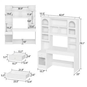 Bibliothèque standard de style français 79.1 en haut étagère en bois blanc 13 avec table de bureau porte en verre tiroirs d'armoire - Product Image 5