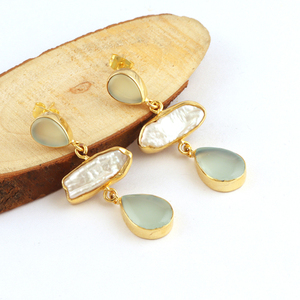 Pendientes colgantes de perlas naturales bohemias y Calcedonia, joyería libre para regalos de boda para mujeres - Product Image 2