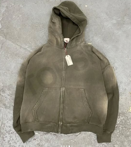 À capuche de qualité sans ficelle polaire vierge zip up vintage double couche lavé soleil fané sweats à capuche en détresse pour hommes - Product Image 5