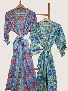 Bata Larga Estampada Floral para Mujer, Manga Larga, Cuello Mandarín, 100% Algodón, Suave, Informal, para Primavera - Product Image 4