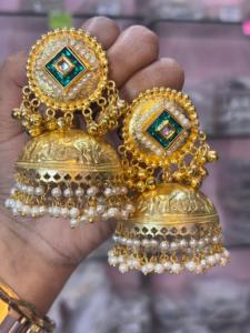 Gold Plated Jhumka Chandelier <b>Earrings</b> Super Light in Weight Ethnic Style Brass Jewelry with <b>Pearl</b> <b>Drops</b> for Weddings Parties - Product Image 2