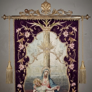 Hand Embroidered Pieta Church Processional <b>Banner</b> Gold Metallic Thread Zardozi Work Velvet Ceremonial Flag - Product Image 3
