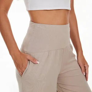 Pantalones de Pierna Ancha de Cintura Alta para Mujer, Color Sólido, Corte Holgado, Cintura Elástica, Pantalones Casuales de Verano de Punto de Algodón y Elastano con Bolsillos - Product Image 6