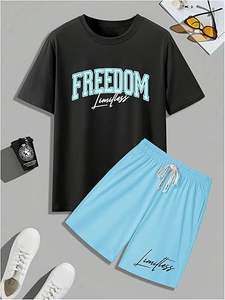 Customized Summer 2-Piece Set <b>for</b> Plus Sizes Acid Wash Faded <b>Shorts</b> Screen Printed Logo Neck T-Shirt Trendy Acid Washed Design - Product Image 5