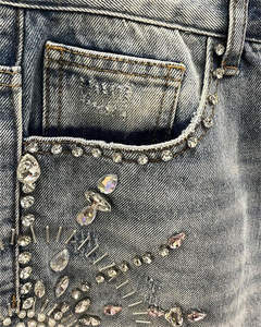 Short en jean pour homme personnalisé du fabricant, double genou, denim délavé à l'acide, style baggy vintage avec strass. - Product Image 6
