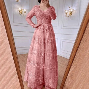Elegant <b>Pink</b> Satin Silk Bridesmaid Dresses V-Neck Appliques Sequined <b>Lace</b> Mesh Sleeve Pleated Embroidery Formal Long Pearls - Product Image 3