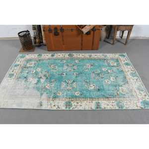 Alfombra vintage de 3.7x6.6 pies (114x202 cm), alfombra de lana turca azul con motivos de plantas y árboles - Product Image 3