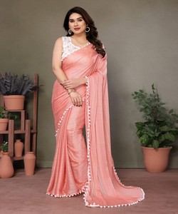 LUXE POLYESTER ZARI UNI SAREE AVEC BRODERIE TRAVAIL NON COUDU CHEMISIER VÊTEMENT DE FÊTE PRIX DE GROS VÊTEMENT ETHNIQUE PÊCHE - Product Image 1