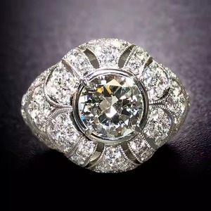 14K oro blanco Deco antiguo europeo festoneado cóctel anillo 2CT Lab Grown Diamond Dome compromiso corte bisel ajuste para boda - Product Image 5