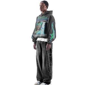 Conjunto Deportivo Personalizado de Estilo Urbano Y2K con Pedrería, Sudadera con Estampado Digital y Pantalones Jogger Acampanados, Precio Económico al por Mayor, Chándal Hip Hop con Lavado Ácido - Product Image 2