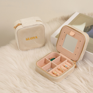 Estuche Organizador de Joyas de Viaje al por Mayor, con Logotipo Personalizado, Mini Caja de Joyería de Terciopelo Rosa, Pequeña, para Regalo, Almacenamiento de Anillos y Colgantes, con Espejo - Product Image 3