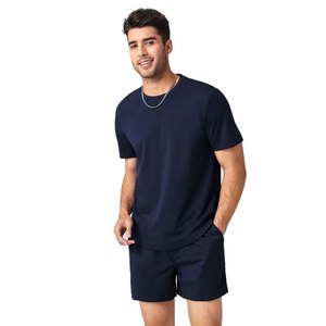 Men's Navy Cotton T-Shirt and Shorts Set Crew Neck Solid Color Casual Summer Wear Breathable Knitted Fabric - Product Image 3