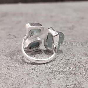 Anillo de Mujer con Aguamarina Natural, Piedra de Nacimiento de Marzo, Triple Piedra, Ajustable, Joyería Hecha a Mano, Anillo de Plata de Ley 925 - Product Image 6