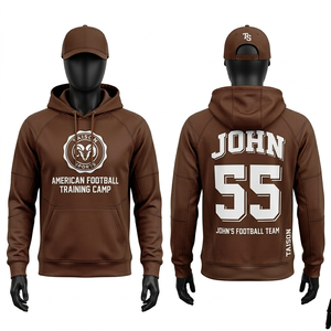 Sweat à capuche d'entraînement de football américain pour hommes, 320 GSM, coton, polyester, polaire, rouge, avec empiècements style universitaire, logo personnalisé en sergé appliqué - Product Image 3