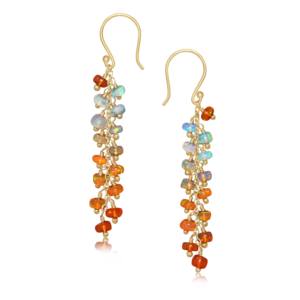 925 Sterling Silver Orange Opal Beaded <b>Long</b> Cluster Dangle <b>Earrings</b> Handmade Trendy Birthstone Jewelry for Wedding Party Gift - Product Image 1