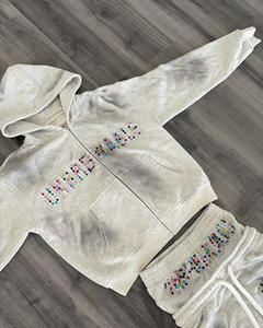 Fabricant de pantalons de survêtement à double taille avec fermeture éclair personnalisés Survêtements vintage délavés à l'acide de différentes couleurs avec strass pour hommes - Product Image 2