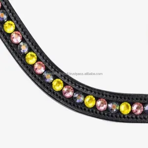 Banda de cuero personalizada para cejas de caballo con cristales alternados de color amarillo claro, azul y rosa, cadena de diamantes, banda Multicolor para cejas - Product Image 1