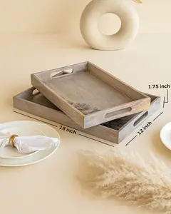 Plateau en bois de manguier Eva avec motif de lotus Plateau de service décoratif pour café, thé et collations Plateau en bois de manguier Eva avec motif de lotus - Product Image 3