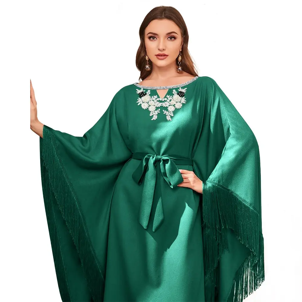 AM101C Custom Elegant women dresses Dubai style women's skirt fringed sleeves green embroidered hot diamond party evening dress