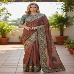 Sari indien classique et magnifique en tissu de mousseline, motif floral, broderie complexe, bordure en dentelle, antistatique, léger, tissé - Product Image 1