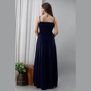 Robe de soirée trapèze en satin bleu marine, taille empire, confortable, manches mi-longues, tailles XS/XL, formelle, simple, longueur genou ou longueur ras du sol - Product Image 2