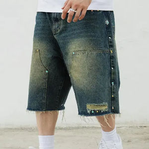 Vente en gros de jeans avec attelles de diamants du fabricant personnalisés baggy en jean shorts pour hommes - Product Image 3