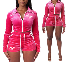 Spring <b>Lounge</b> Wear 2025 Custom Logo Rhinestone Crop Velour Two Piece Tracksuit Zip up Sweatshirt <b>Shorts</b> Set Velvet Womens Sets - Product Image 1
