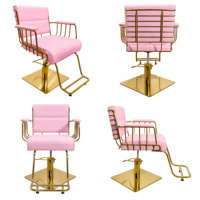 Fauteuil de coiffure de luxe rose doré, chaise de barbier hydraulique avec base carrée, repose-pieds et accoudoirs en fil métallique