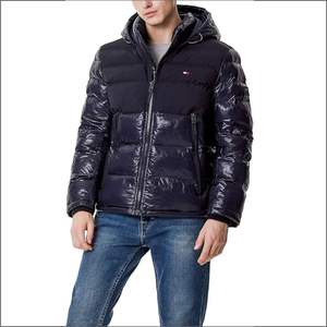 เสื้อแจ็คเก็ตพัฟเฟอร์ผ้าแคนวาสสีดำสำหรับผู้ชาย แบบมีฮู้ดปกติ คอตั้ง สไตล์ไฮสตรีท เสื้อโค้ทฤดูหนาว ซิปด้านหน้า สายรัดด้านข้าง - Product Image 1