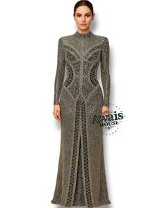 Robe de soirée longue à col rond et taille empire, personnalisable en gros, ornée de perles, de diamants ou de cristaux, avec soutien-gorge intégré - Product Image 1