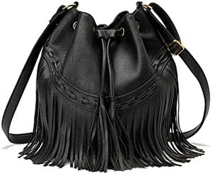 Bolso tipo cubo con flecos de cuero negro, bolso con cordón hecho a mano, bolso de hombro Boho Festival para mujer, bolso de cuero de diseñador para mujer - Product Image 4
