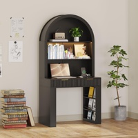 Escritorio Moderno de Roble Negro con Diseño Arqueado, Iluminación LED, Cajones Acanalados, para Oficina en Casa, Sala de Estar, Apartamento, Espacios Pequeños