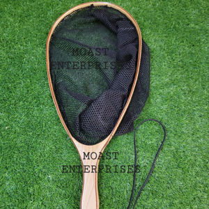 Épuisette de pêche à la mouche d'extérieur avec cadre en bois et filet en caoutchouc, outil de capture de truites à lancer à la main - Product Image 1