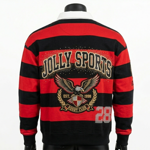 เสื้อรักบี้ผู้ชายผ้าคอตตอนเจอร์ซีย์เนื้อหนา สีแดงดำลายทาง คอเสื้อปักโลโก้ตามสั่ง เสื้อรักบี้ผู้ชายสำหรับเสื้อโปโล - Product Image 4